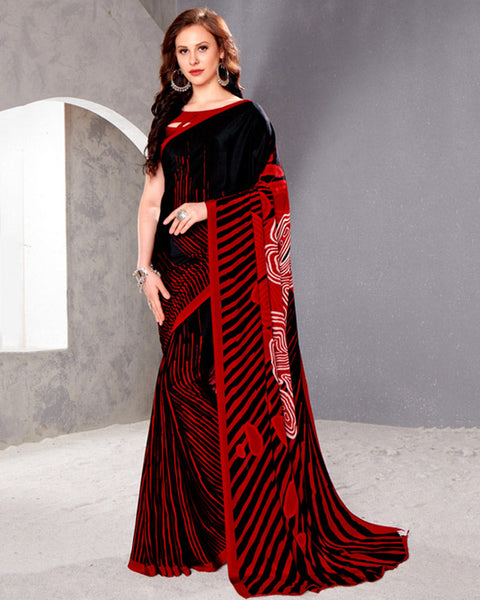 Smokey Black And Crimson Red Digital Print Premium Crepe Saree