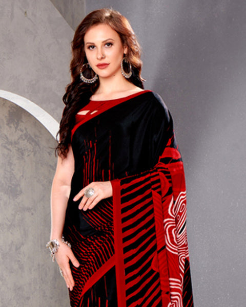 Smokey Black And Crimson Red Digital Print Premium Crepe Saree