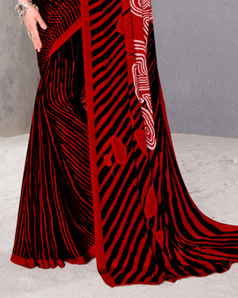 Smokey Black And Crimson Red Digital Print Premium Crepe Saree