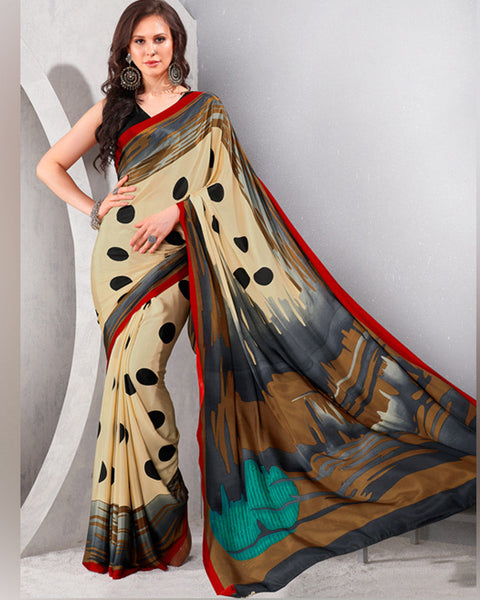Creamy Beige And Brick Red Digital Print Premium Crepe Saree