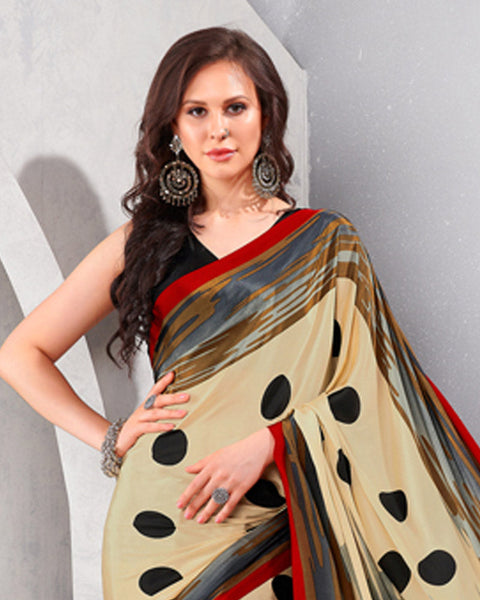 Creamy Beige And Brick Red Digital Print Premium Crepe Saree
