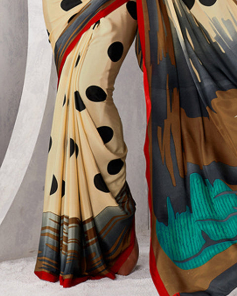 Creamy Beige And Brick Red Digital Print Premium Crepe Saree