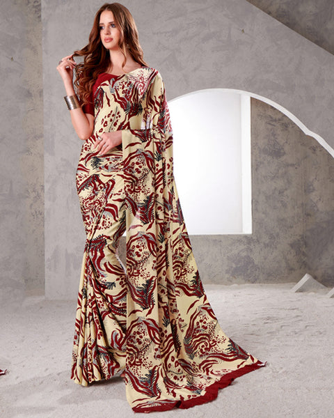 Spanish White And Dark Burgundy Digital Print Premium Crepe Saree