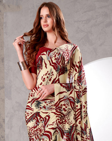 Spanish White And Dark Burgundy Digital Print Premium Crepe Saree