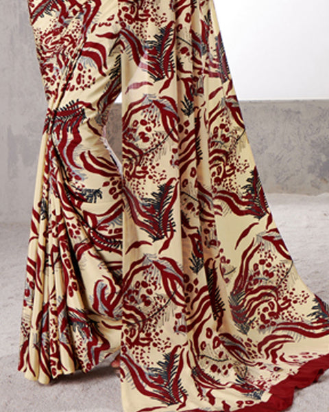 Spanish White And Dark Burgundy Digital Print Premium Crepe Saree