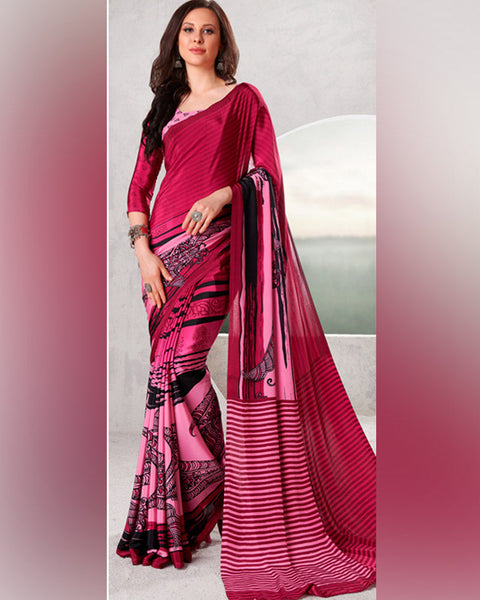 Pinkish Red Digital Print Premium Crepe Saree