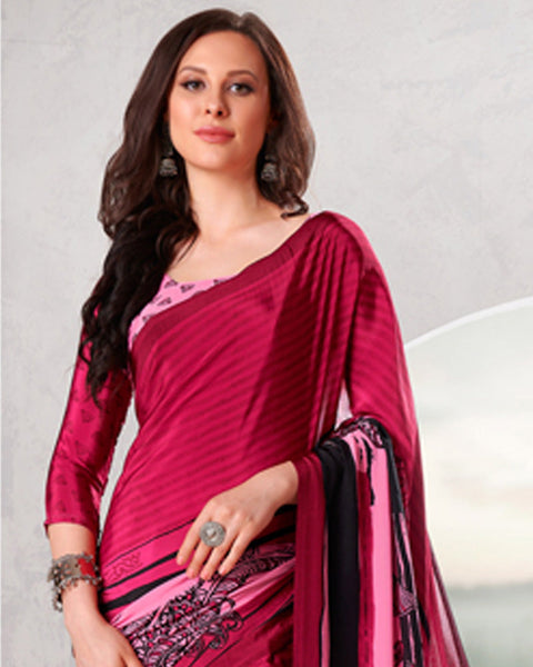 Pinkish Red Digital Print Premium Crepe Saree