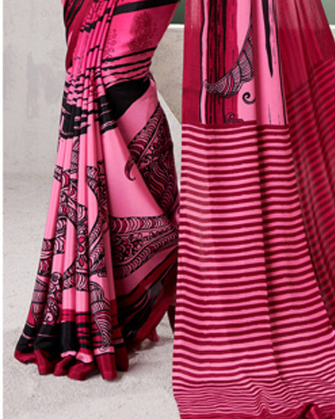 Pinkish Red Digital Print Premium Crepe Saree