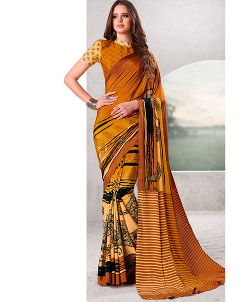 Dusty Orange And Midnight Black Digital Print Premium Crepe Saree