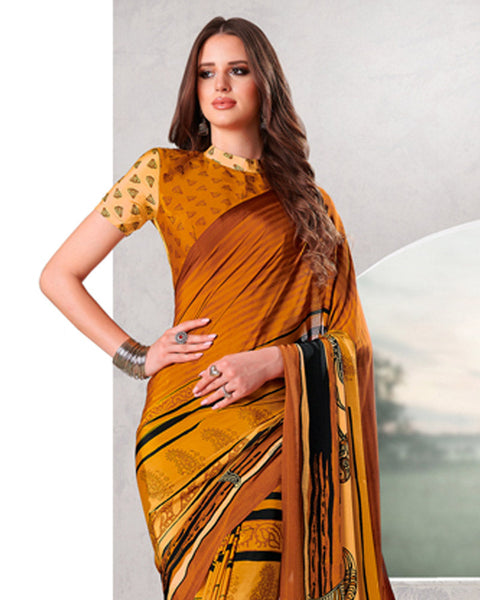 Dusty Orange And Midnight Black Digital Print Premium Crepe Saree