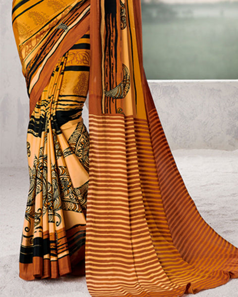 Dusty Orange And Midnight Black Digital Print Premium Crepe Saree