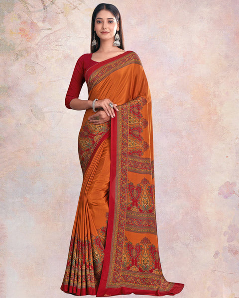 Reddish Orange And Brick Red Digital Print Premium Crepe Saree