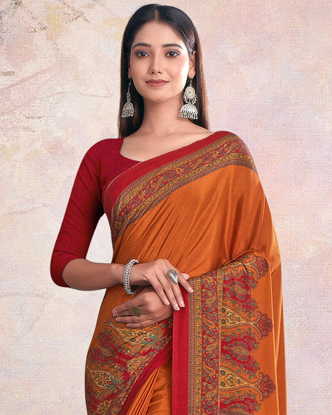 Reddish Orange And Brick Red Digital Print Premium Crepe Saree