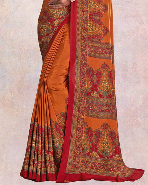 Reddish Orange And Brick Red Digital Print Premium Crepe Saree