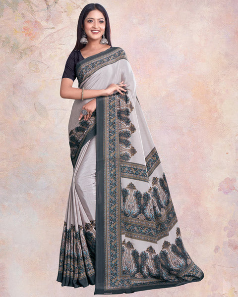 Silver And Charcoal Grey Digital Print Premium Crepe Saree