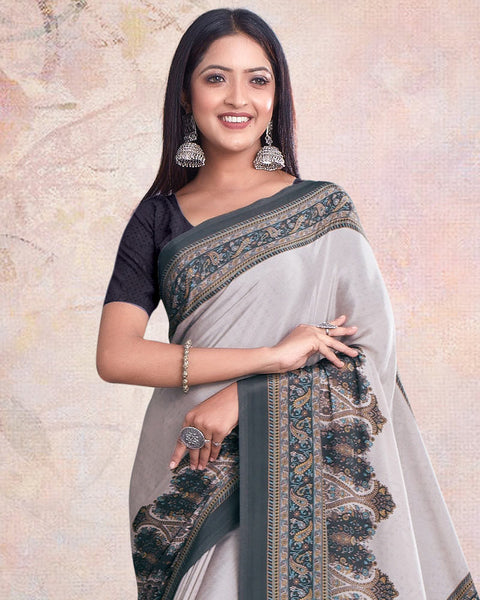 Silver And Charcoal Grey Digital Print Premium Crepe Saree
