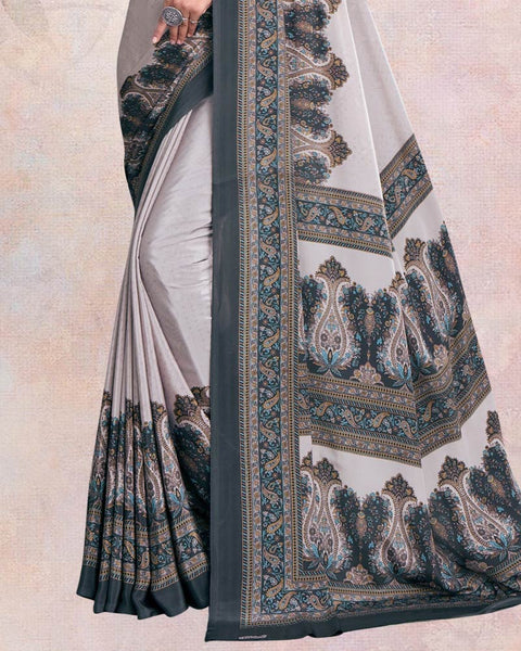 Silver And Charcoal Grey Digital Print Premium Crepe Saree