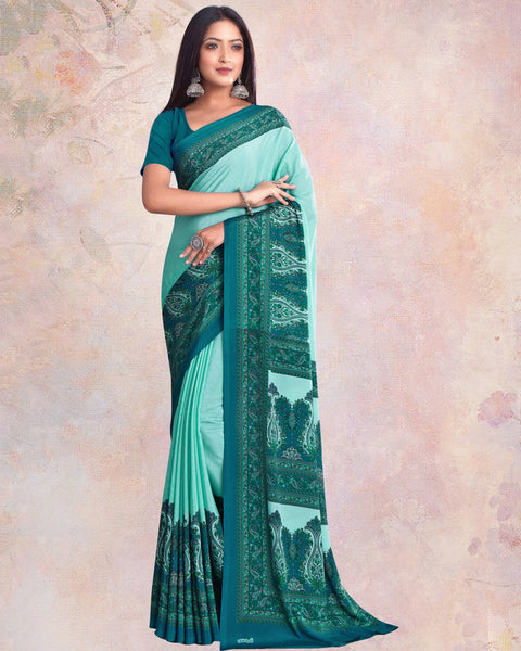 Pastel And Dark Aqua Green Digital Print Premium Crepe Saree