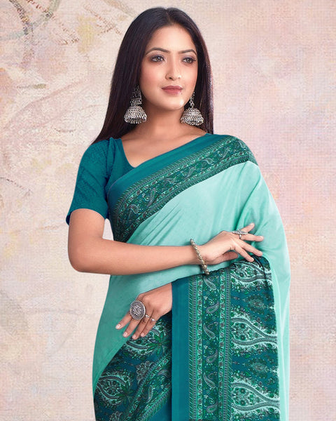 Pastel And Dark Aqua Green Digital Print Premium Crepe Saree