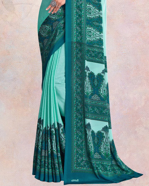 Pastel And Dark Aqua Green Digital Print Premium Crepe Saree