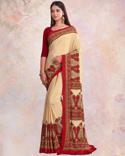 Cream And Cardinal Red Digital Print Premium Crepe Saree