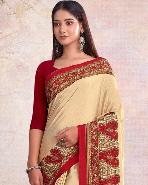 Cream And Cardinal Red Digital Print Premium Crepe Saree