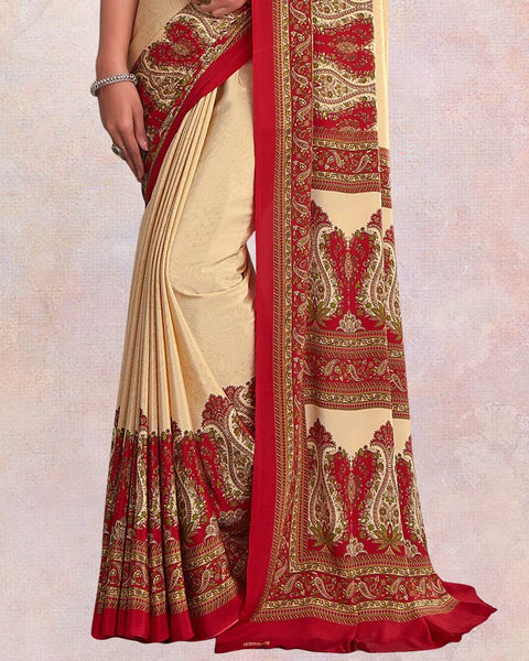 Cream And Cardinal Red Digital Print Premium Crepe Saree