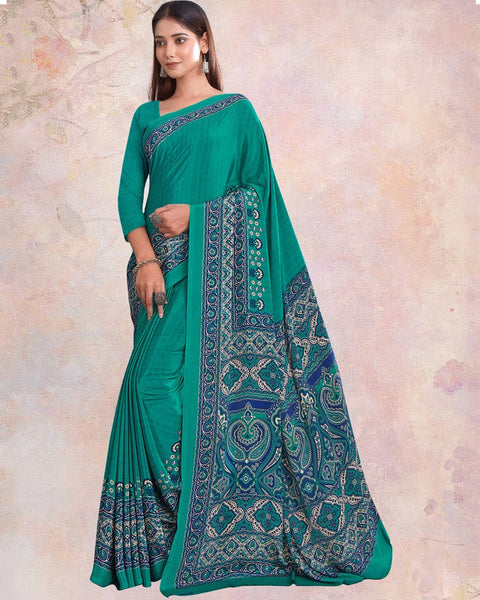 Teal Green Digital Print Premium Crepe Saree