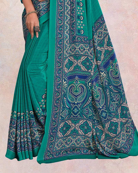 Teal Green Digital Print Premium Crepe Saree