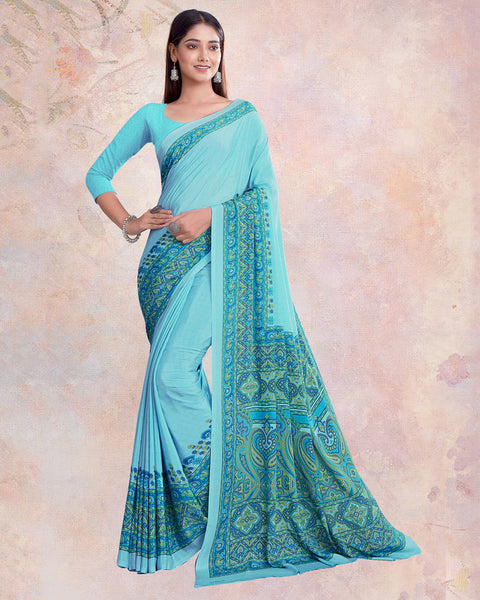 Pastel Sky Blue Digital Print Premium Crepe Saree