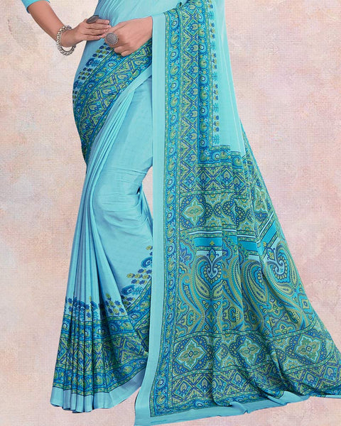 Pastel Sky Blue Digital Print Premium Crepe Saree