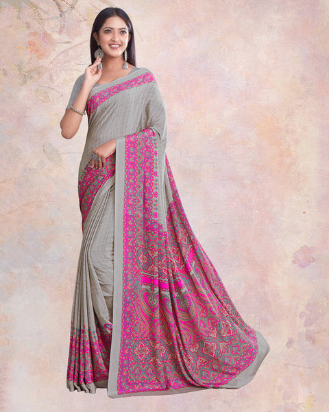 Ash Grey And Deep Pink Digital Print Premium Crepe Saree