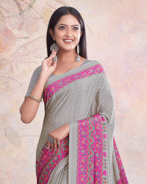 Ash Grey And Deep Pink Digital Print Premium Crepe Saree