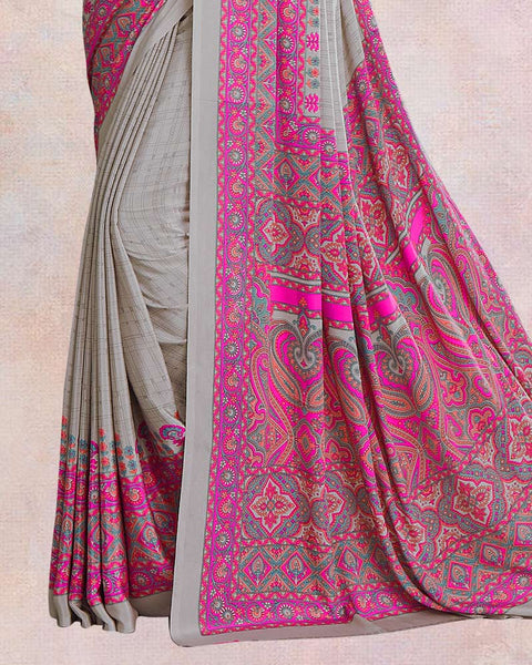 Ash Grey And Deep Pink Digital Print Premium Crepe Saree
