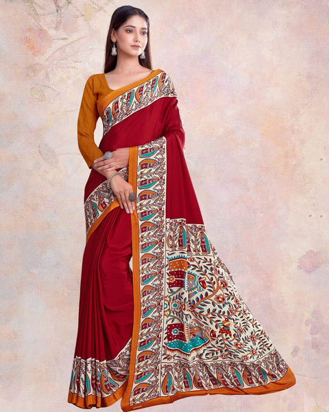 Deep Carmine Red Digital Print Premium Crepe Saree