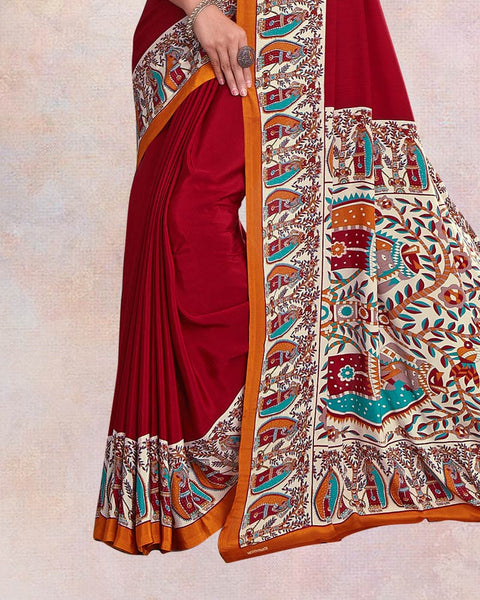 Deep Carmine Red Digital Print Premium Crepe Saree