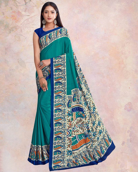 Teal Green And Midnight Blue Digital Print Premium Crepe Saree