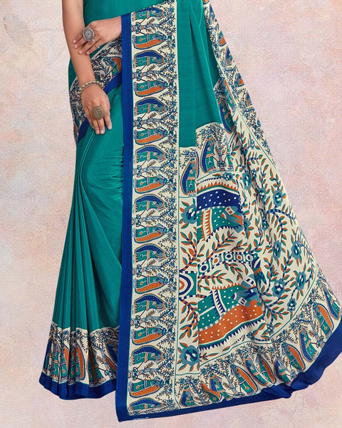 Teal Green And Midnight Blue Digital Print Premium Crepe Saree