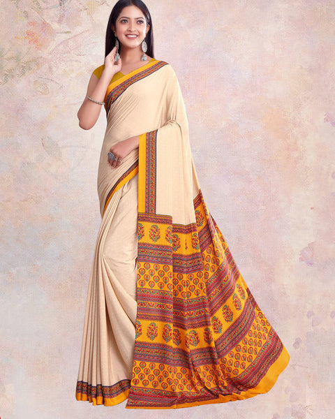 Champagne White And Bright Yellow Digital Print Premium Crepe Saree