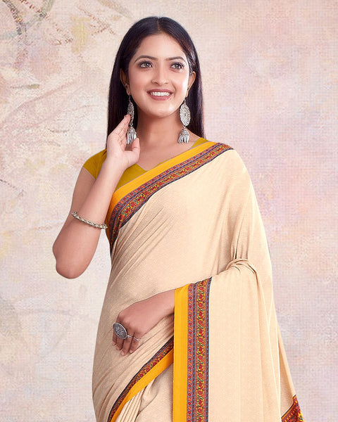 Champagne White And Bright Yellow Digital Print Premium Crepe Saree