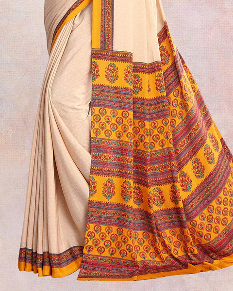 Champagne White And Bright Yellow Digital Print Premium Crepe Saree