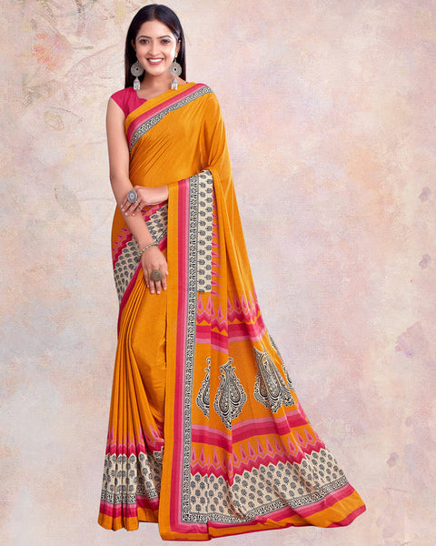 Pumpkin Orange And Pastel Red Digital Print Premium Crepe Saree