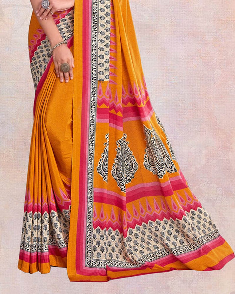 Pumpkin Orange And Pastel Red Digital Print Premium Crepe Saree