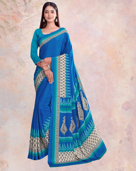Persian Blue And Teal Green Digital Print Premium Crepe Saree