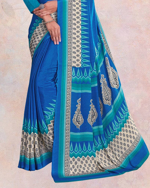 Persian Blue And Teal Green Digital Print Premium Crepe Saree