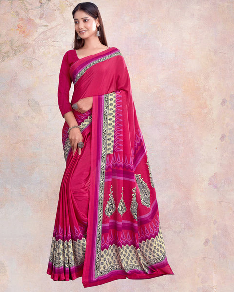 Pinkish Red Digital Print Premium Crepe Saree