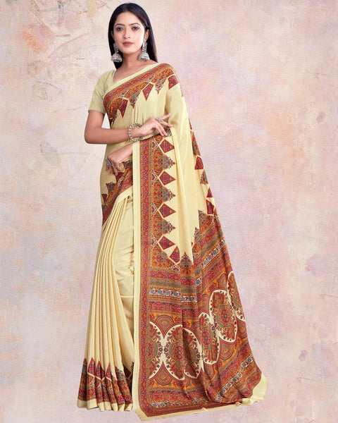 Spanish White Digital Print Premium Crepe Saree
