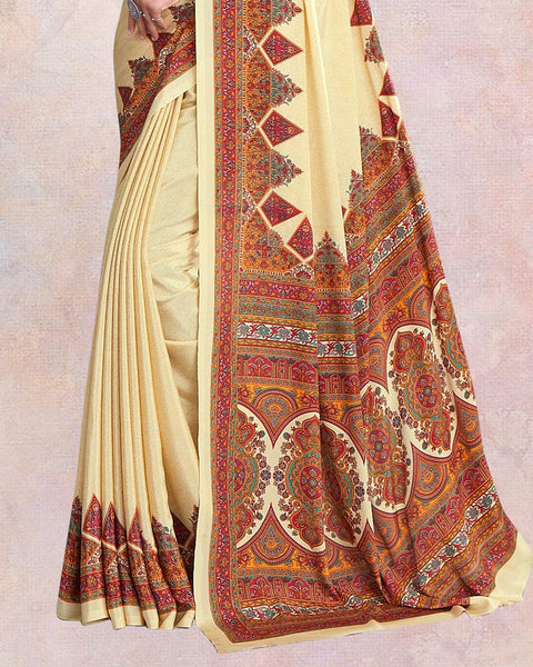 Spanish White Digital Print Premium Crepe Saree