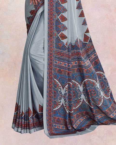 French Grey Digital Print Premium Crepe Saree