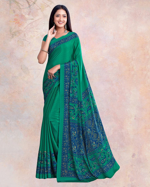 Forest Green And Regal Blue Digital Print Premium Crepe Saree
